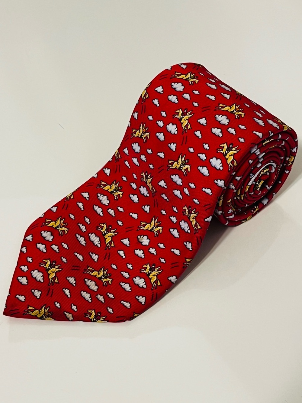 Hermes Silk Tie with Yellow Pegasus and White Cloud Motif